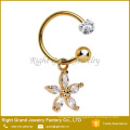 Circular Titanium Gold Plated Surgical Steel Dangle Flower Cubic Zirconia Belly Ring